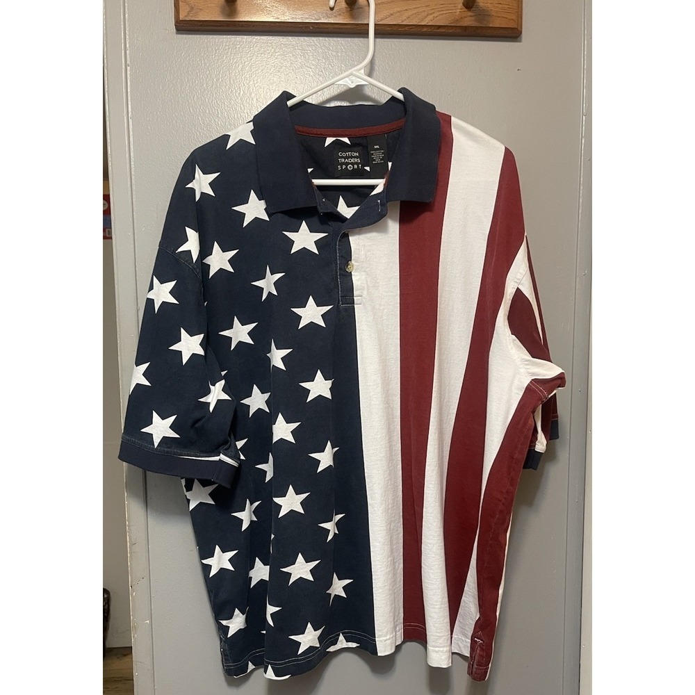 Cotton Traders Sport Short Sleeve Polo Shirt American Flag Mens Size 2XL